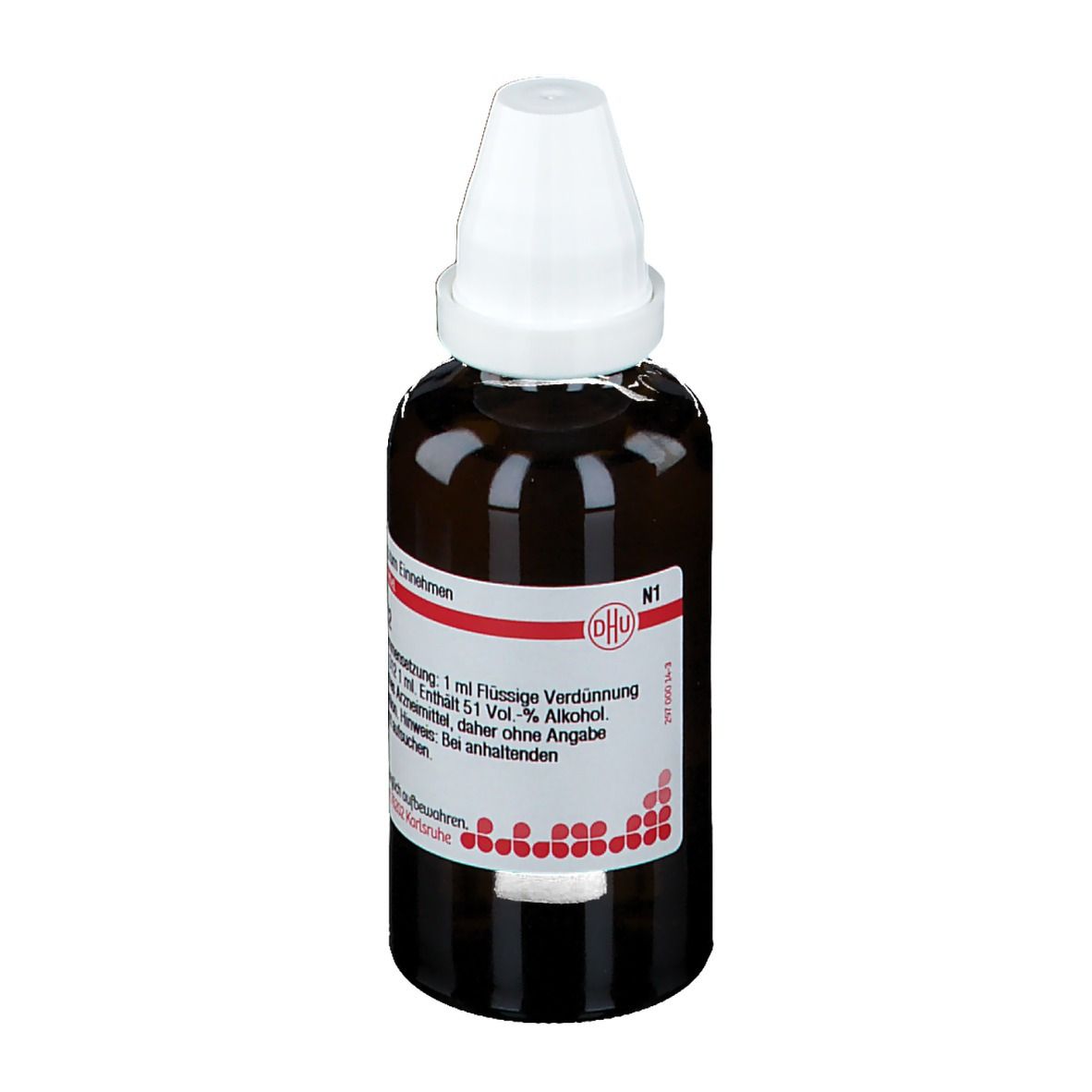 Braune Glasflasche mit weißem Verschluss. Etikett mit Produktinformationen und DHU Logo.