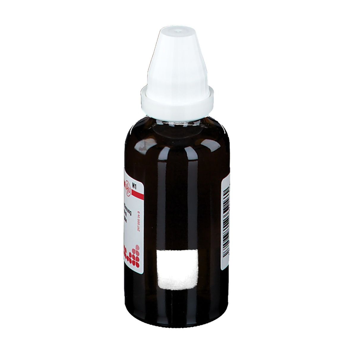 Braune Glasflasche mit weißem Verschluss. Etikett mit Produktinformationen, teilweise verdeckt.