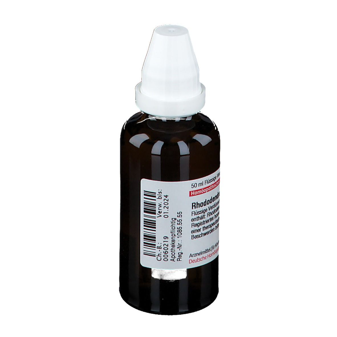 Braune Glasflasche mit weißem Verschluss. Etikett mit Produktinformationen und Verfallsdatum.
