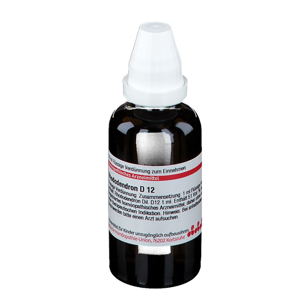 Braune Glasflasche mit weißem Verschluss. Etikett mit Produktnamen Rhododendron D 12 und weiteren Informationen.