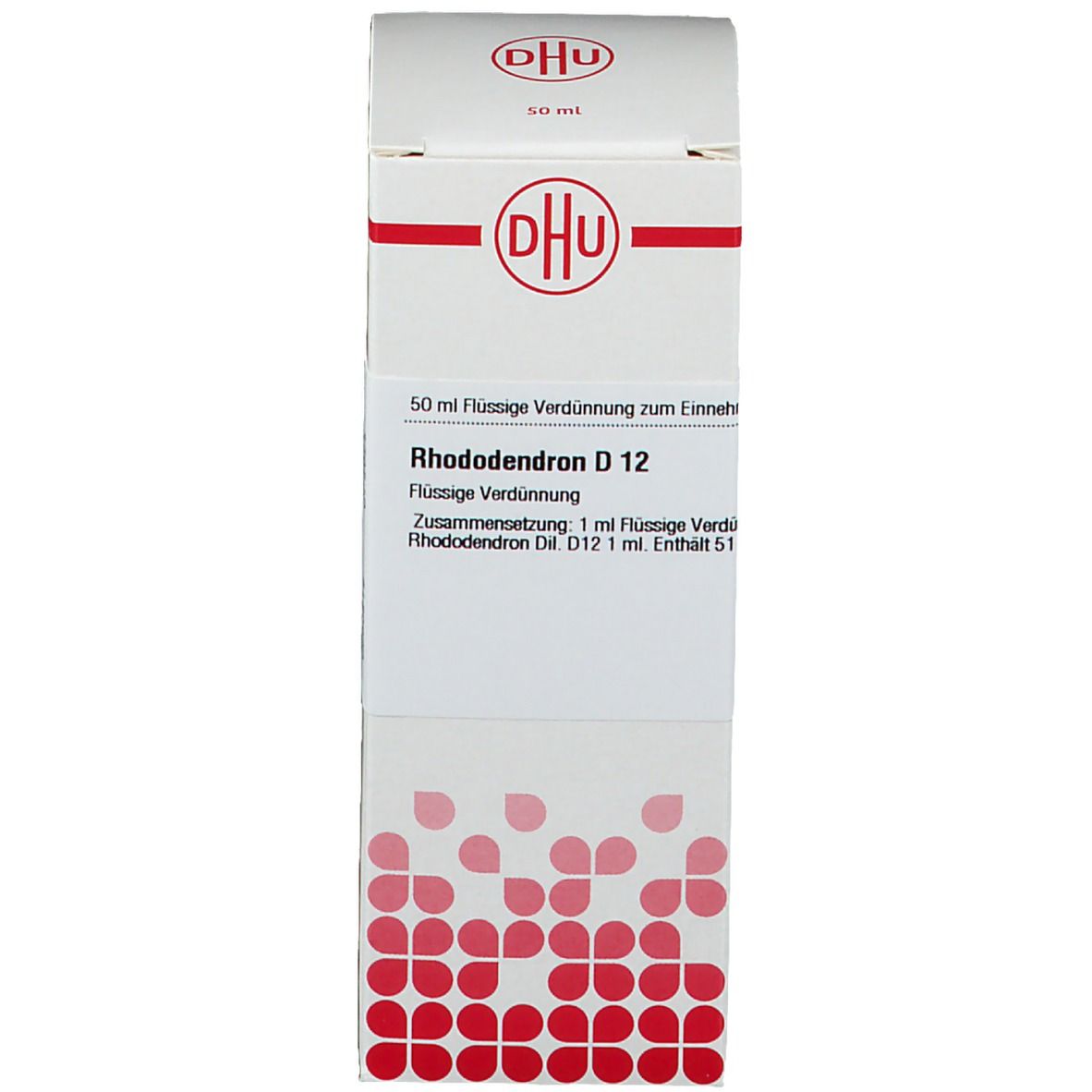 Weiße Produktverpackung mit DHU-Logo. Enthält eine braune Glasflasche mit weißem Verschluss.