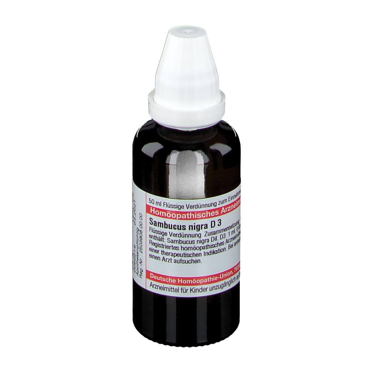 Braune Glasflasche mit weißem Verschluss. Etikett mit Produktinformationen. DHU Sambucus nigra D3.