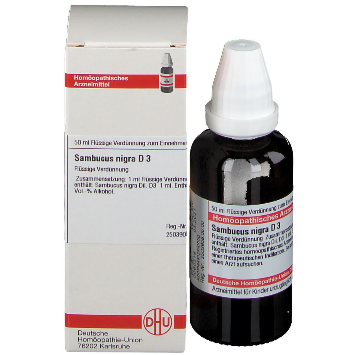 Produktflasche und Verpackung. Braune Flasche mit weißem Verschluss. DHU Sambucus nigra D3.