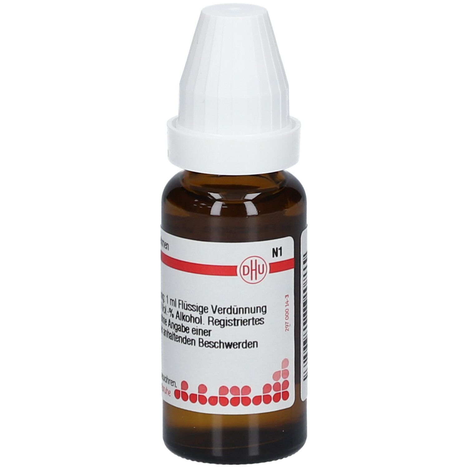 Braune Glasflasche mit weißem Verschluss. Etikett mit Text: DHU, 20 ml flüssige Verdünnung. Registriertes Arzneimittel. Enthält Alkohol.