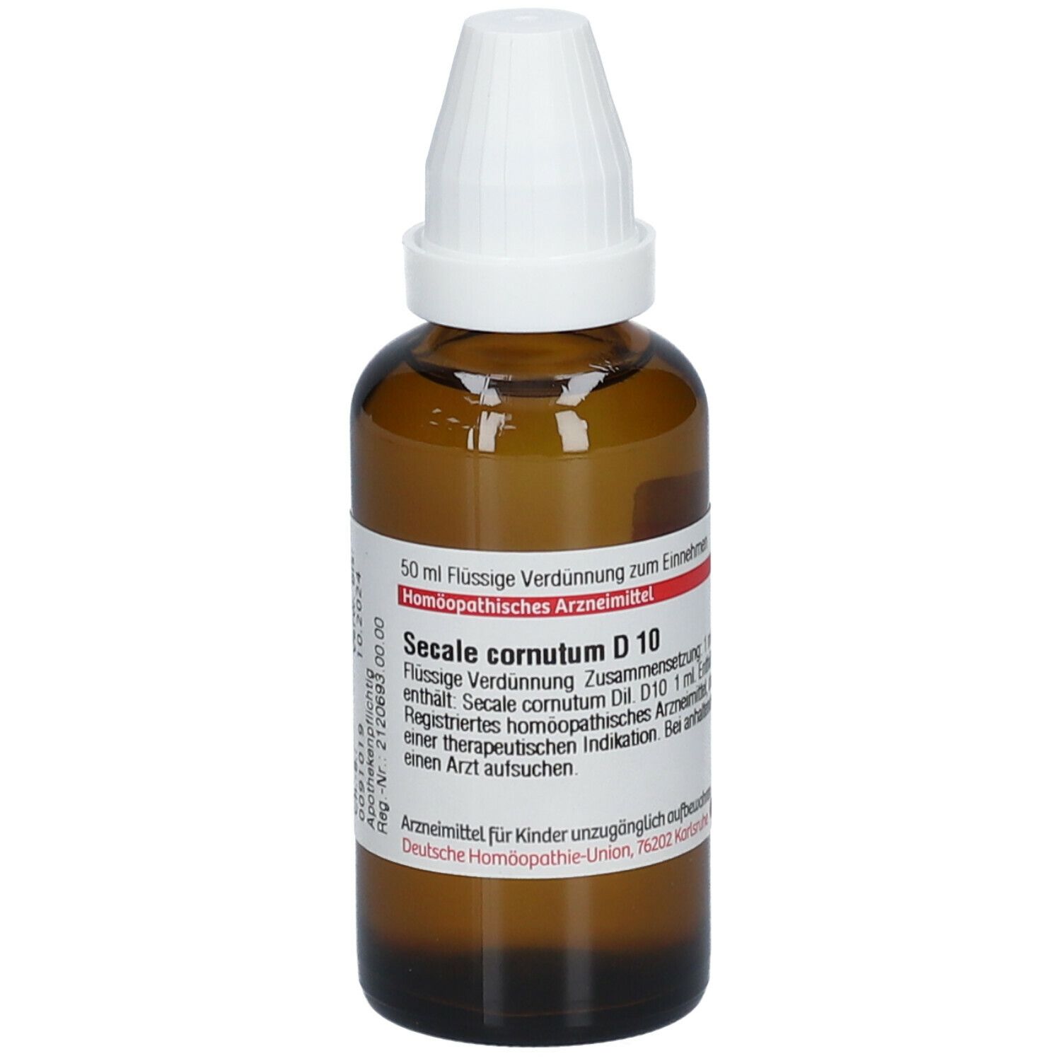 Braune Glasflasche mit weißem Verschluss. Etikett mit Produktinformationen: Secale cornutum D 10, DHU.