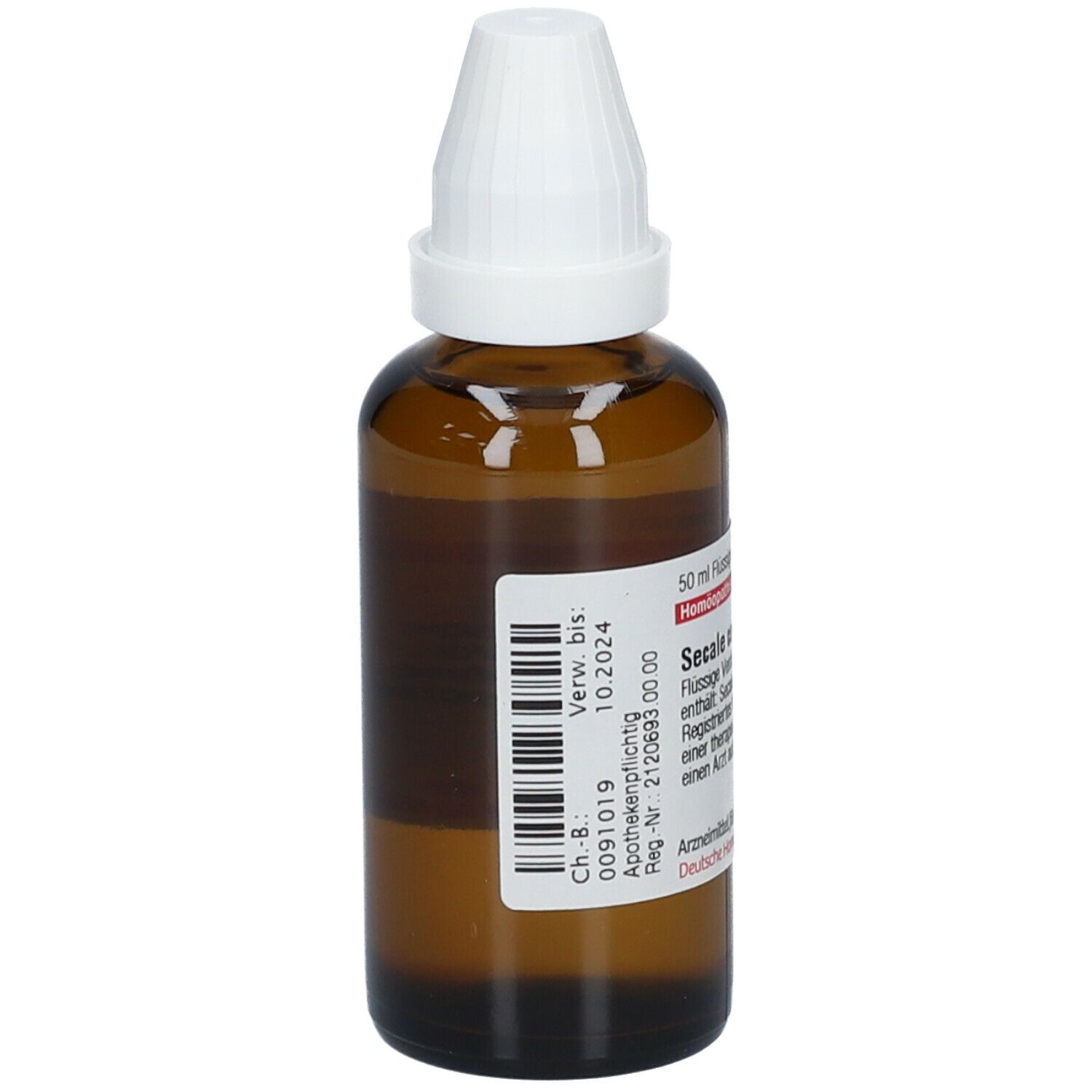 Braune Glasflasche mit weißem Verschluss. Etikett mit Produktinformationen und Barcode. Verfallsdatum 10.2024.