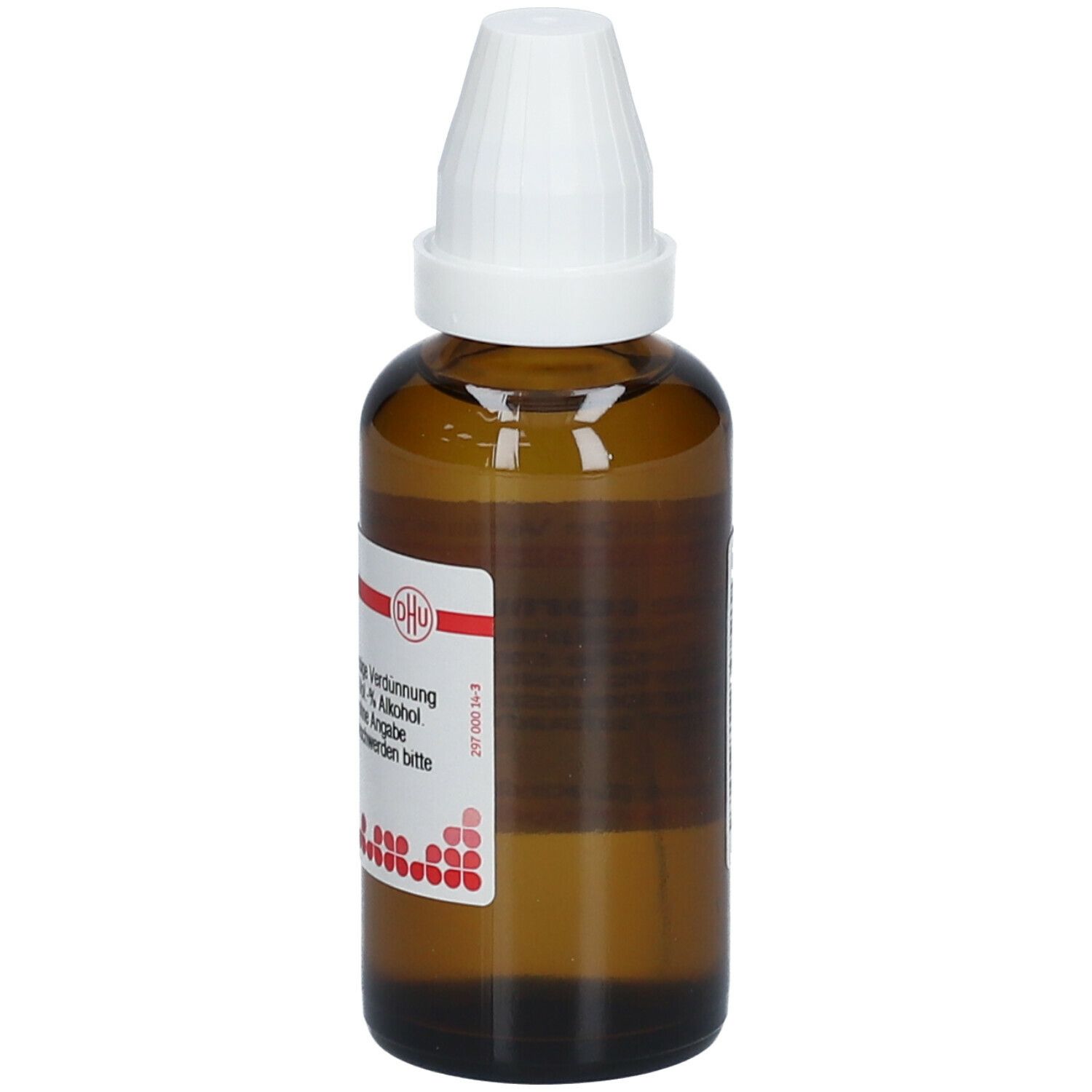 Braune Glasflasche mit weißem Verschluss. Etikett mit Produktinformationen und DHU-Logo.