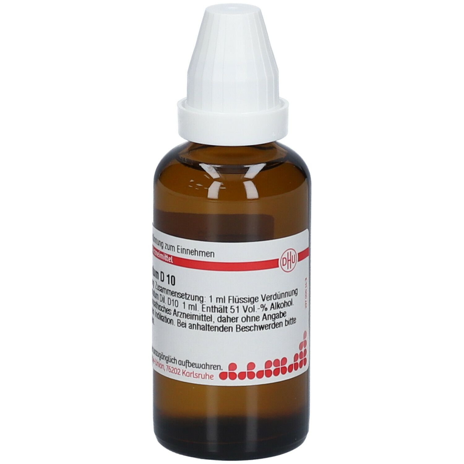 Braune Glasflasche mit weißem Verschluss. Etikett mit Produktinformationen: Secale cornutum D 10, DHU.