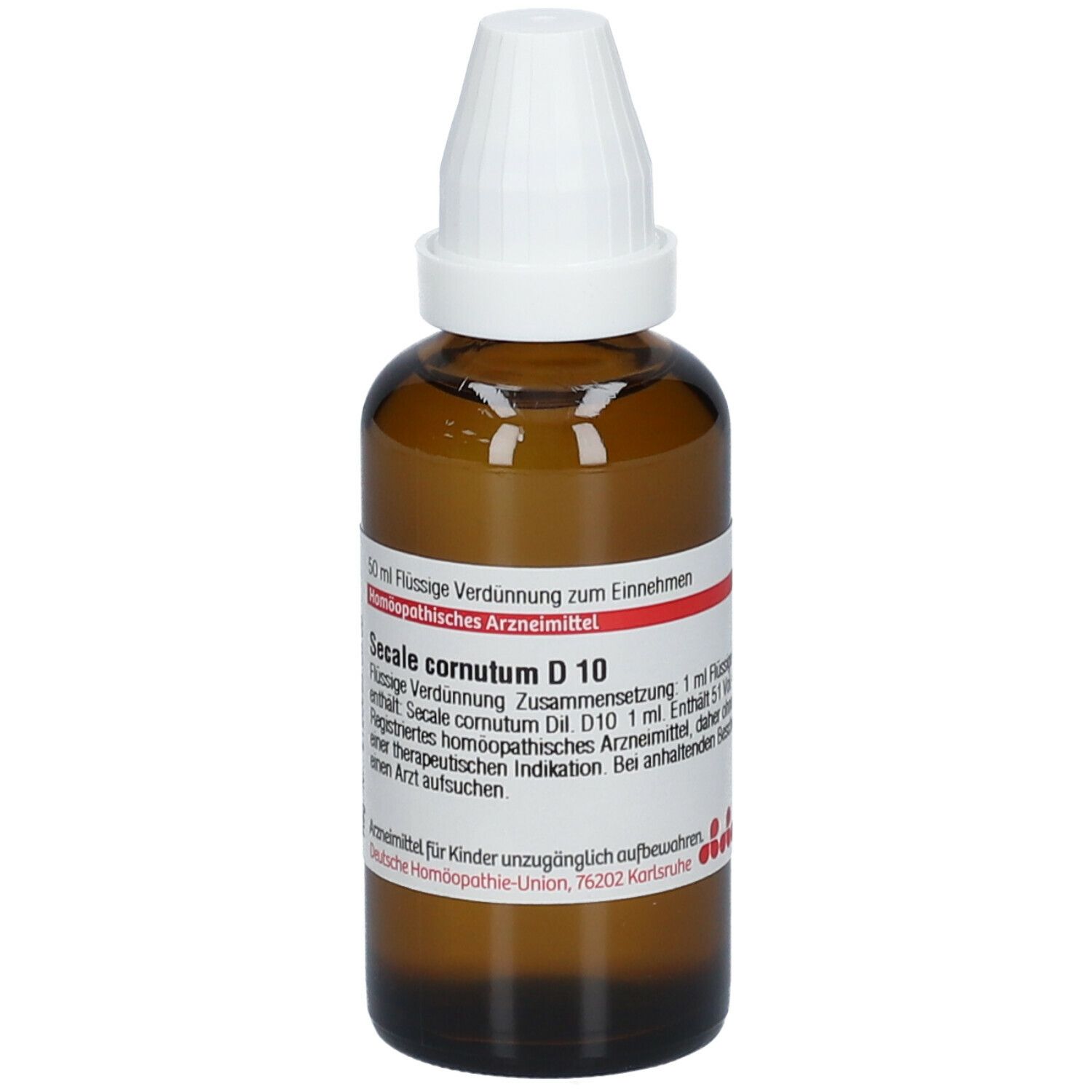 Braune Glasflasche mit weißem Verschluss. Etikett mit Produktinformationen: Secale cornutum D 10, DHU.