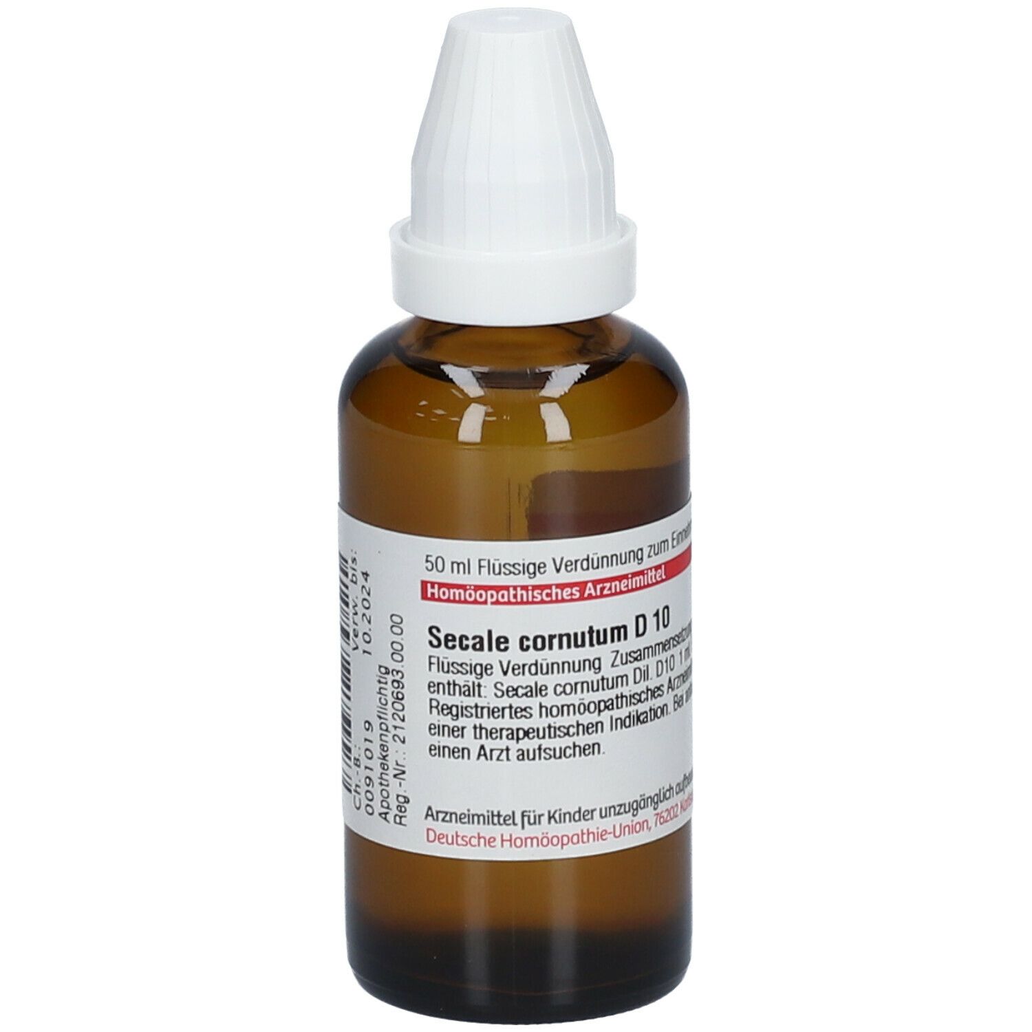 Braune Glasflasche mit weißem Verschluss. Etikett mit Produktinformationen: Secale cornutum D 10, DHU.