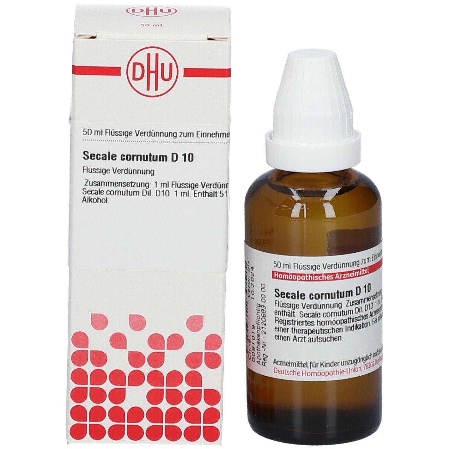 Braune Glasflasche und Karton. Flasche: Secale cornutum D 10, DHU. Karton: DHU-Logo und Produktinformationen.