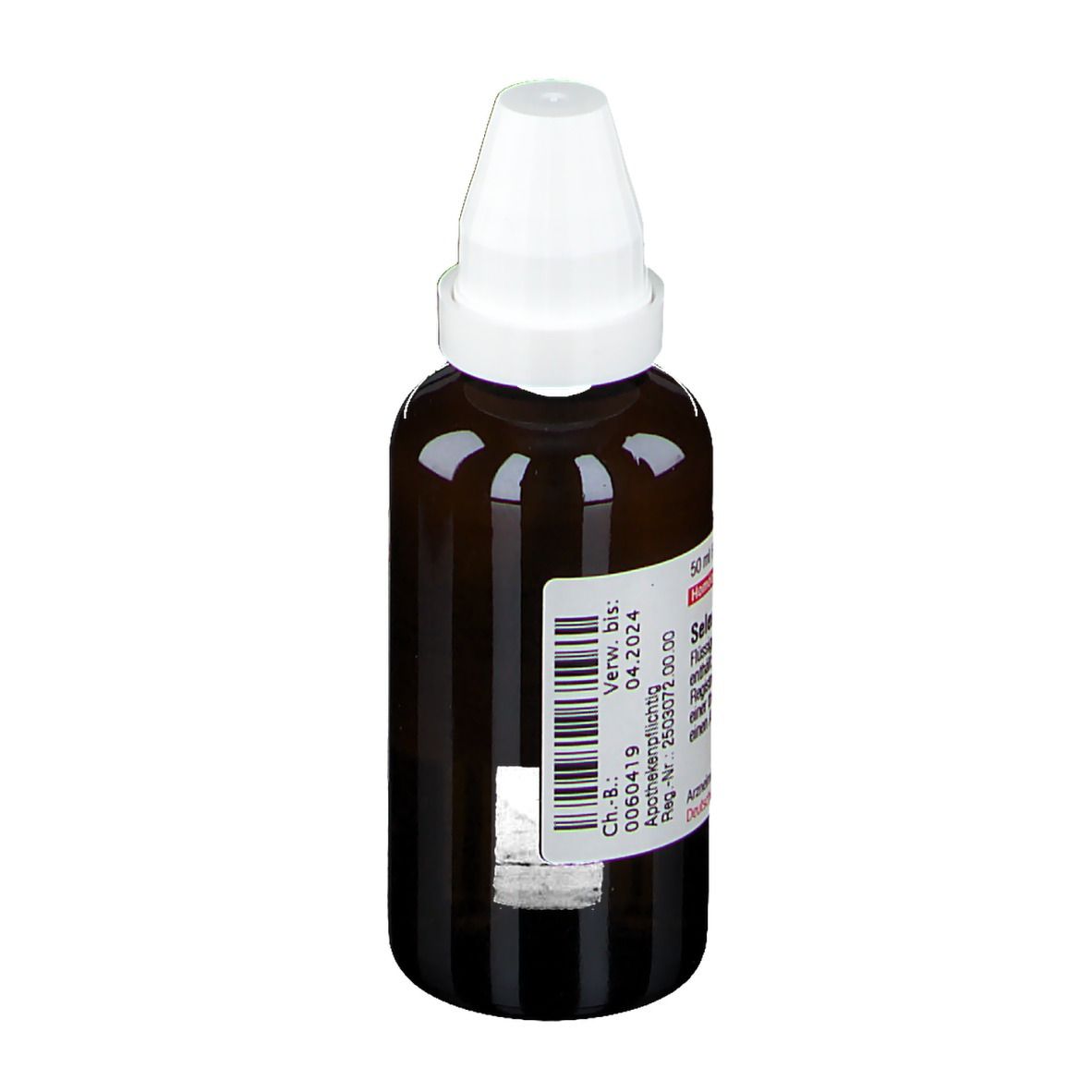Braune Glasflasche mit weißem Verschluss. Etikett mit Verfallsdatum und Chargennummer.