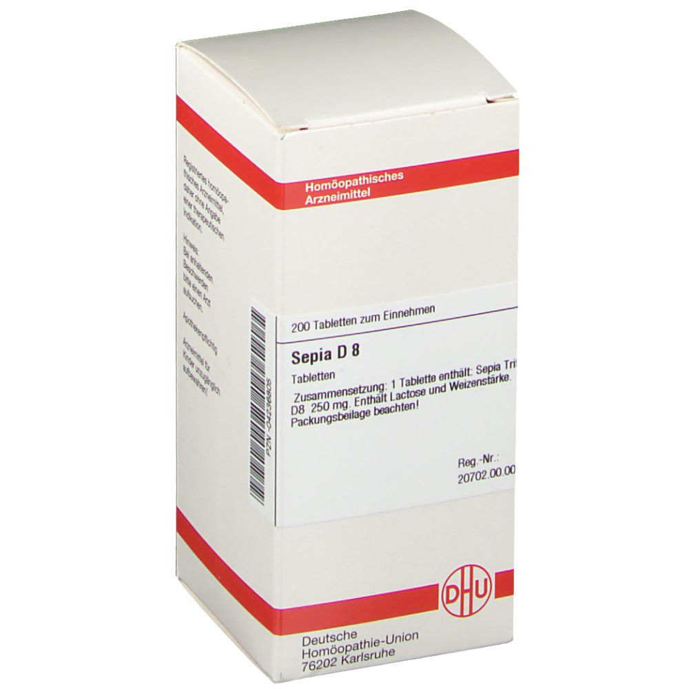 Weiße Schachtel mit roter Umrandung. Aufschrift: Sepia D 8, DHU Logo. Enthält 200 Tabletten. Homöopathisches Arzneimittel.