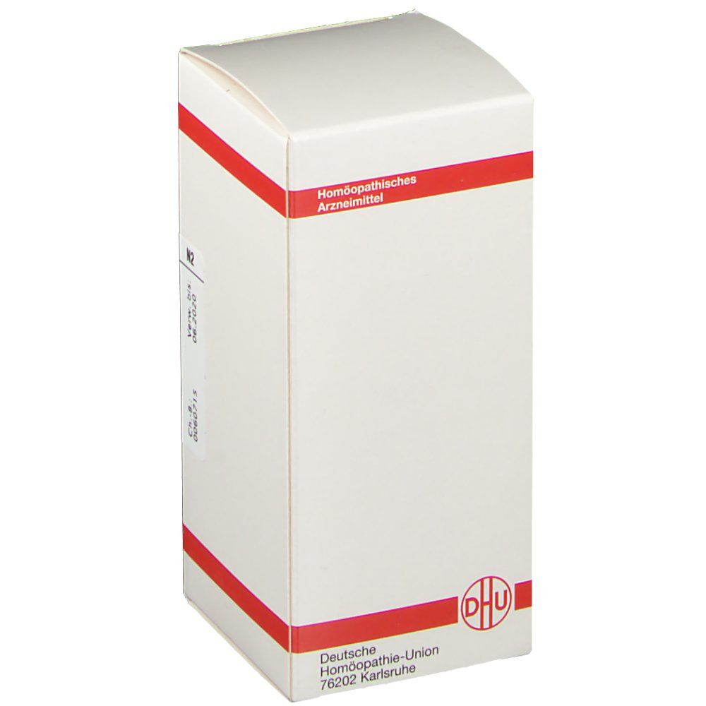 Weiße Schachtel mit roter Umrandung. DHU Logo. Aufschrift: Homöopathisches Arzneimittel. Deutsche Homöopathie-Union.