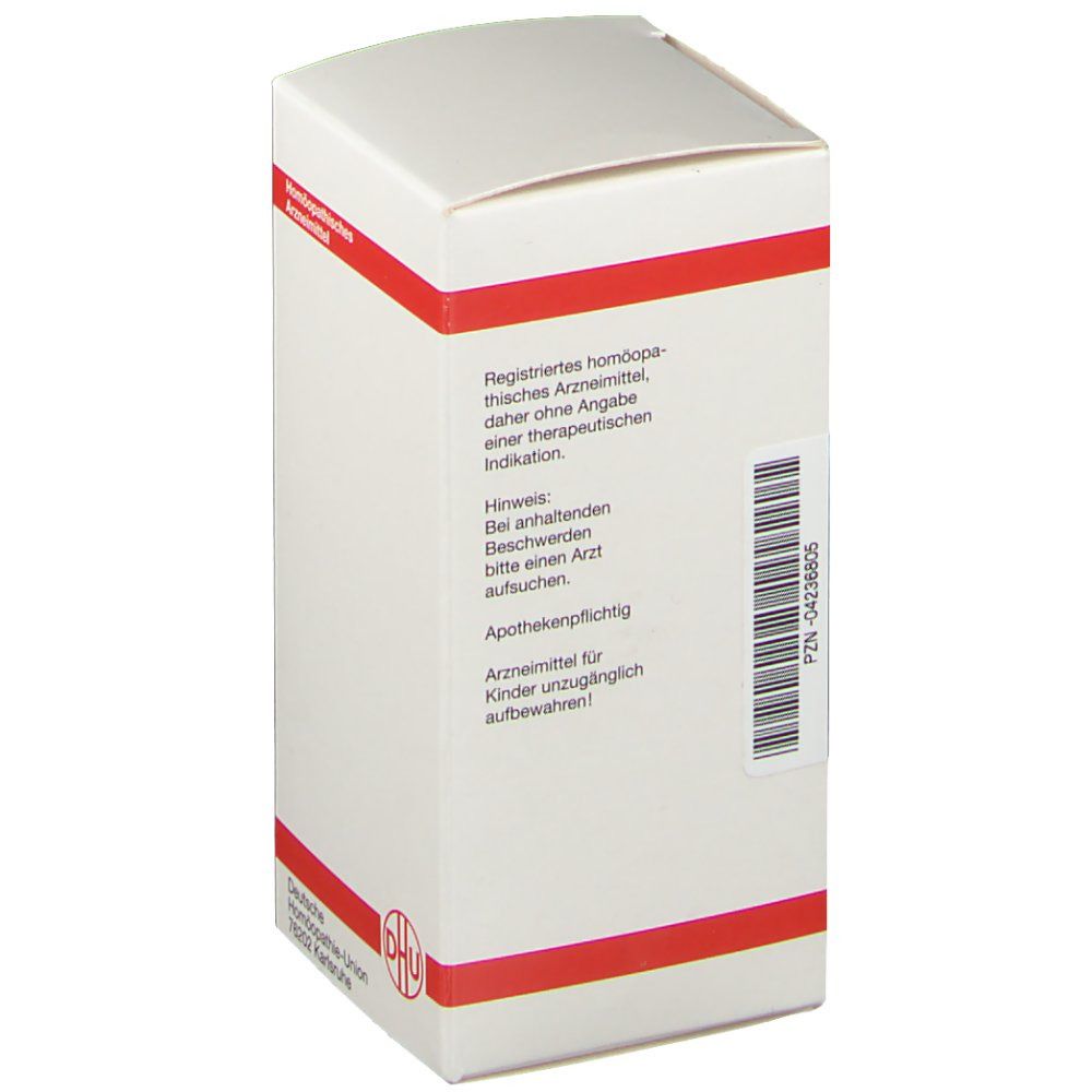 Weiße Schachtel mit roter Umrandung. Aufschrift: Homöopathisches Arzneimittel. Hinweise und Apothekenpflichtig. DHU Logo.