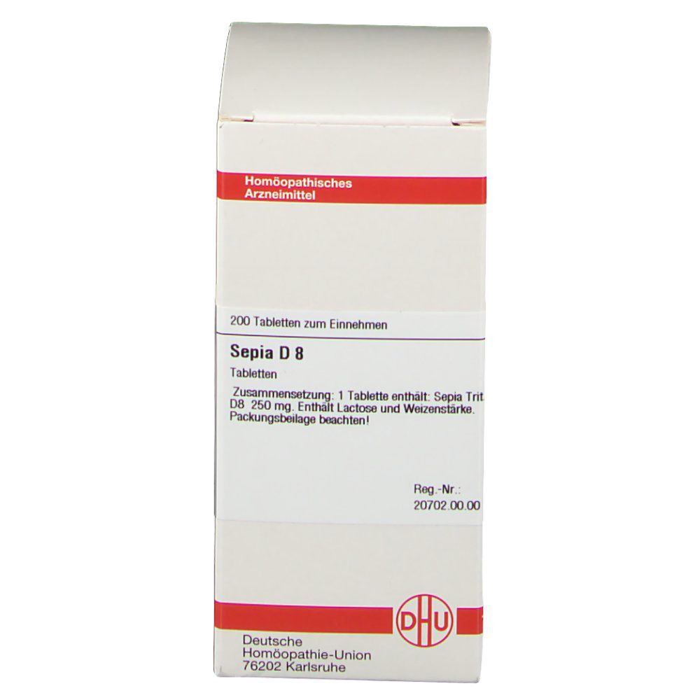 Weiße Schachtel mit roter Umrandung. Aufschrift: Sepia D 8, 200 Tabletten. DHU Logo. Homöopathisches Arzneimittel.