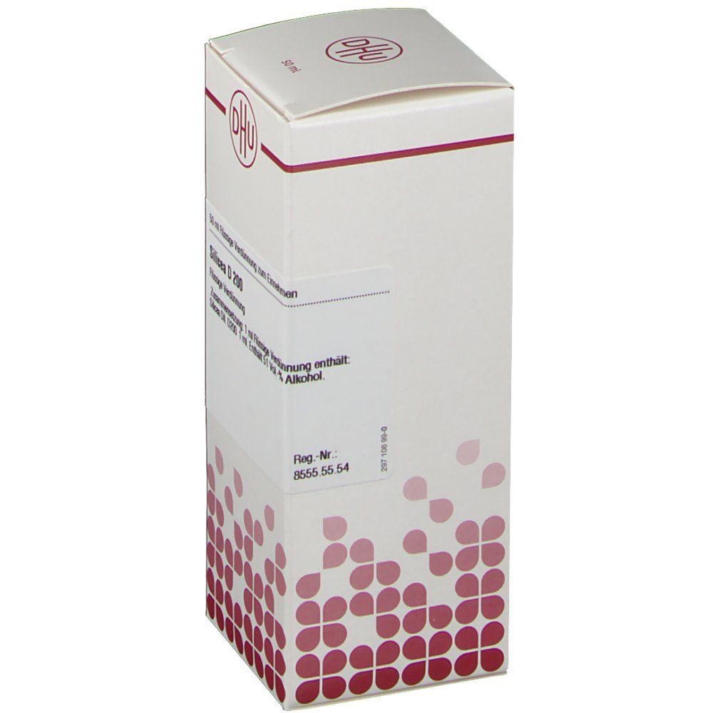 DHU Silicea D200-Verpackung, Seitenansicht. Weißer Karton mit rotem Logo und floralem Muster. Text und Barcode.