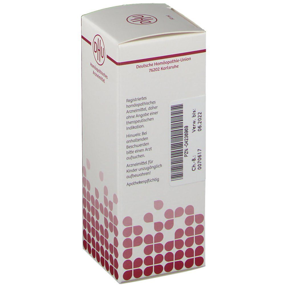 DHU Silicea D200-Verpackung, Rückseite. Weißer Karton mit rotem Logo und floralem Muster. Text und Barcode.