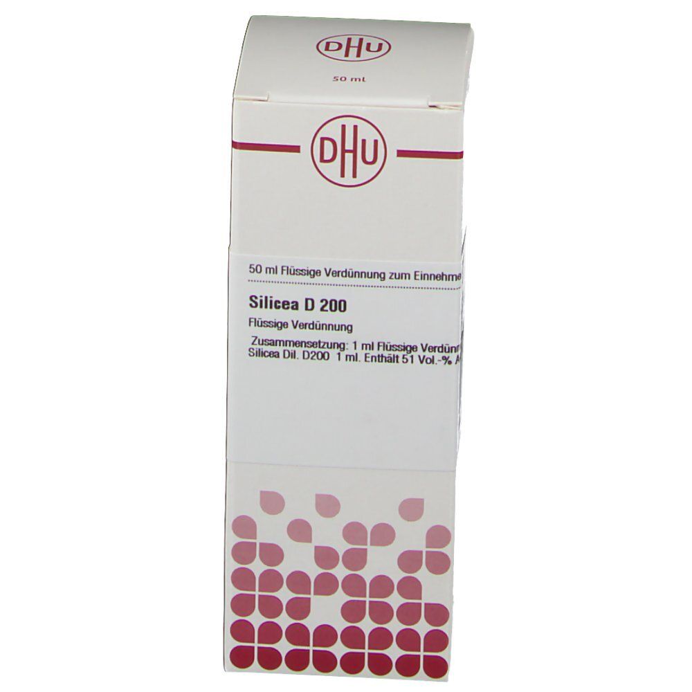 DHU Silicea D200-Verpackung. Weißer Karton mit rotem Logo und floralem Muster. Text: Silicea D 200, 50 ml.