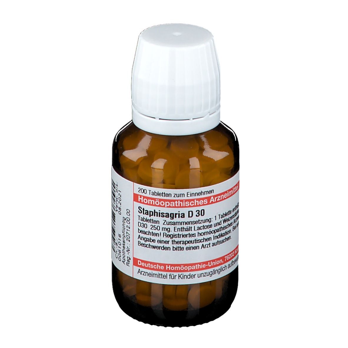 Braune Glasflasche mit weißen Tabletten und weißem Deckel. Etikett mit Produktinformationen.