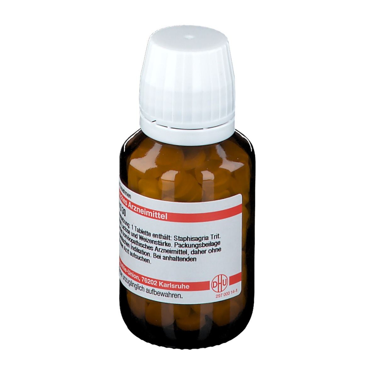 Braune Glasflasche mit weißen Tabletten und weißem Deckel. Etikett mit Produktinformationen.