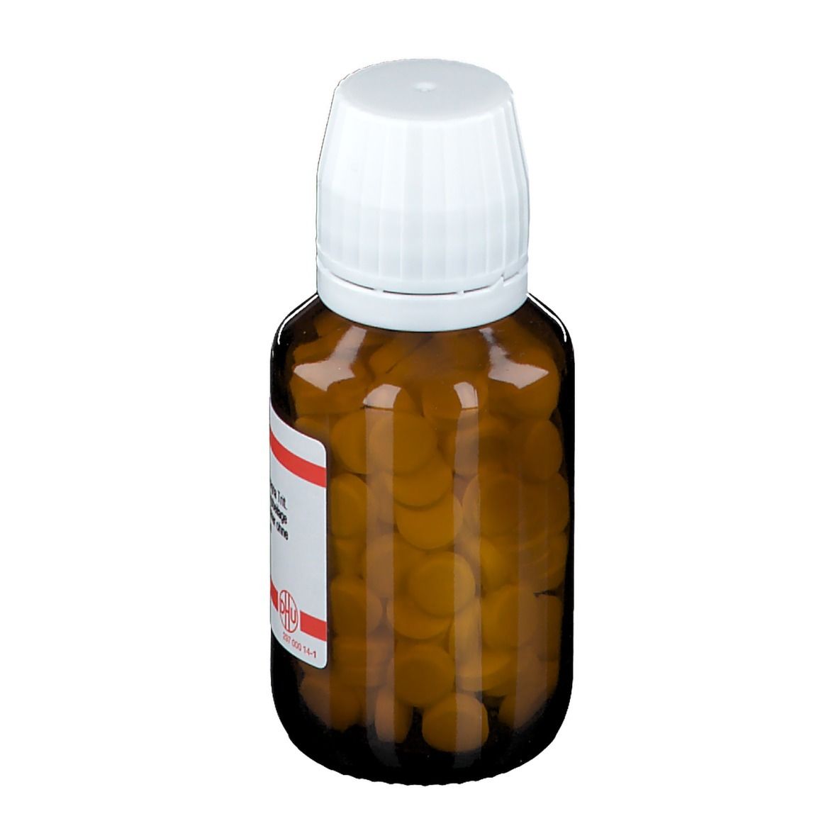 Braune Glasflasche mit weißen Tabletten und weißem Deckel. Etikett mit Produktinformationen.