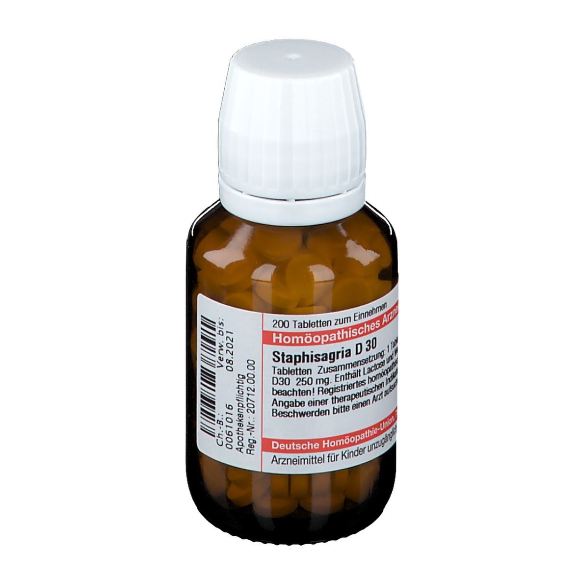 Braune Glasflasche mit weißen Tabletten und weißem Deckel. Etikett mit Produktinformationen.