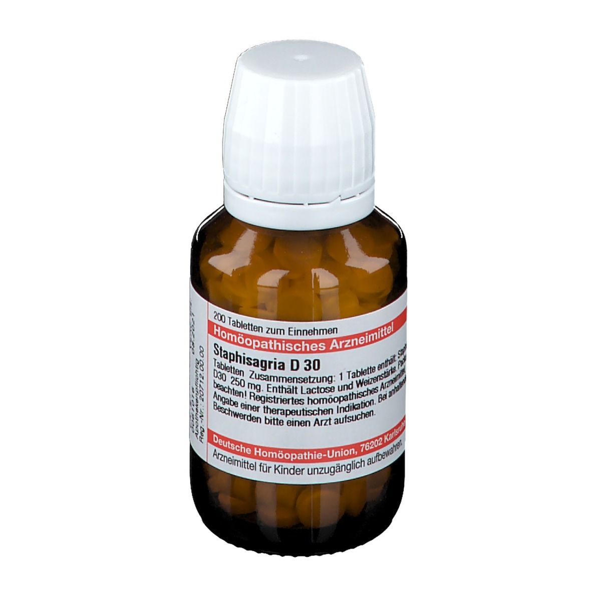 Braune Glasflasche mit weißen Tabletten und weißem Deckel. Etikett mit Produktinformationen.