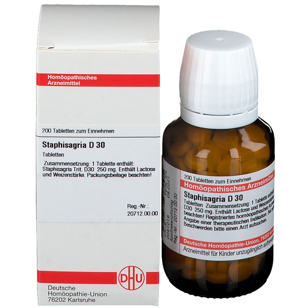 Braune Glasflasche mit Tabletten und weißem Deckel, neben weißer Schachtel mit Produktinformationen.