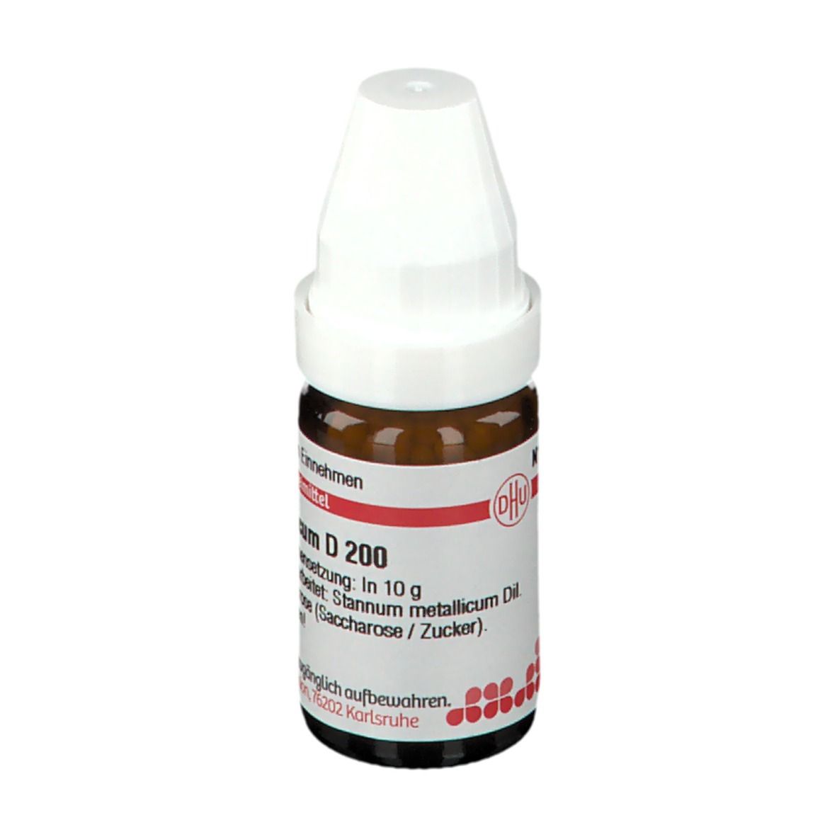 Braune Glasflasche mit weißem Deckel. Beschriftung: Stannum D 200, DHU. Homöopathisches Arzneimittel.