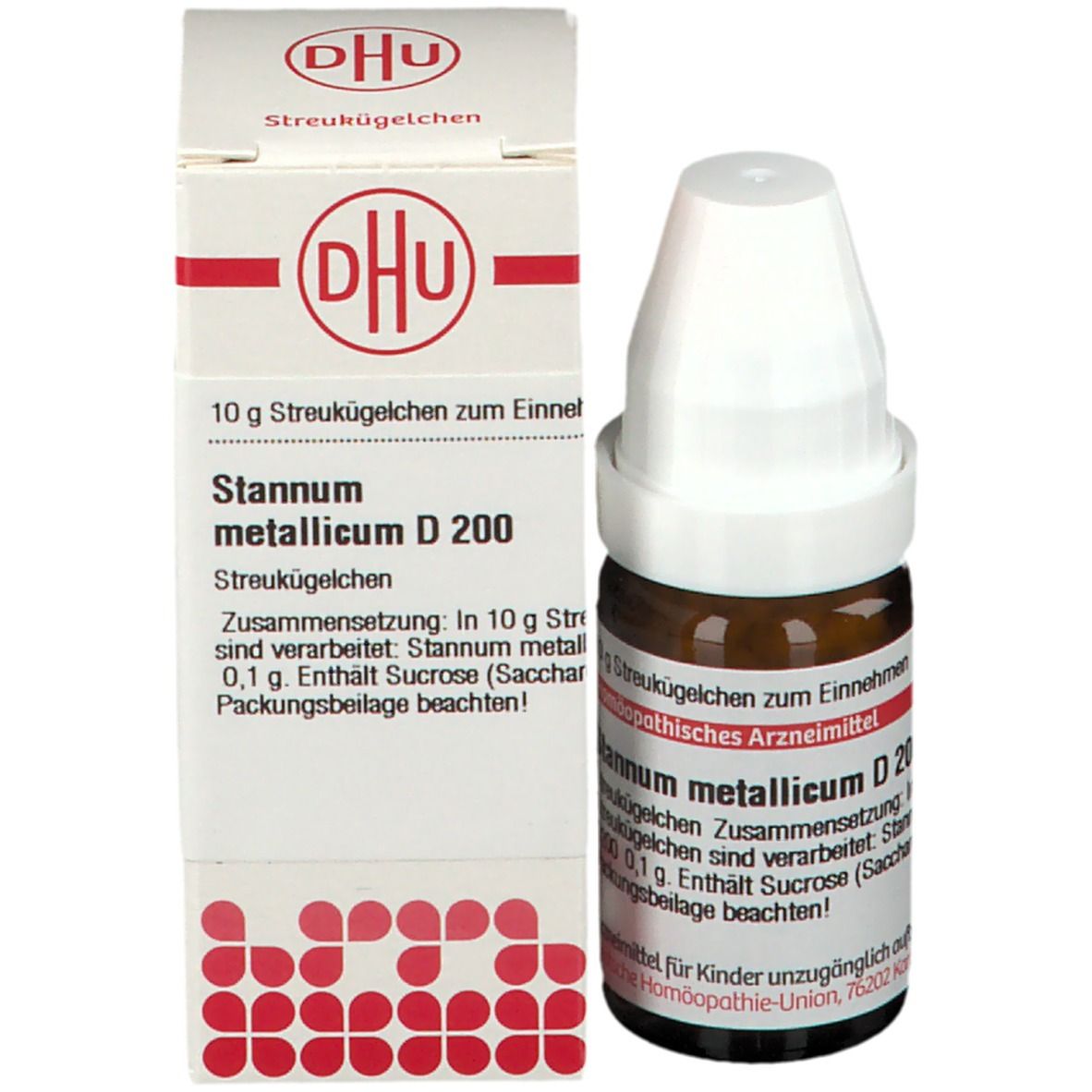 Produktverpackung mit Flasche. Karton mit DHU-Logo und Produktinformationen: Stannum metallicum D 200.