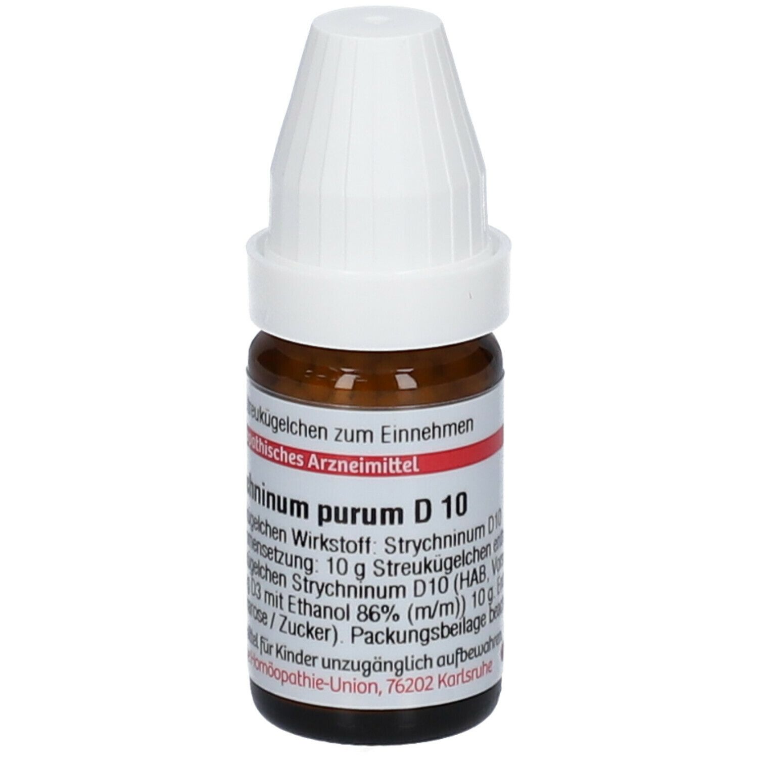 Braune Glasflasche mit weißem Deckel. Beschriftung: Strychninum purum D 10, DHU. Rote und weiße Etiketten.