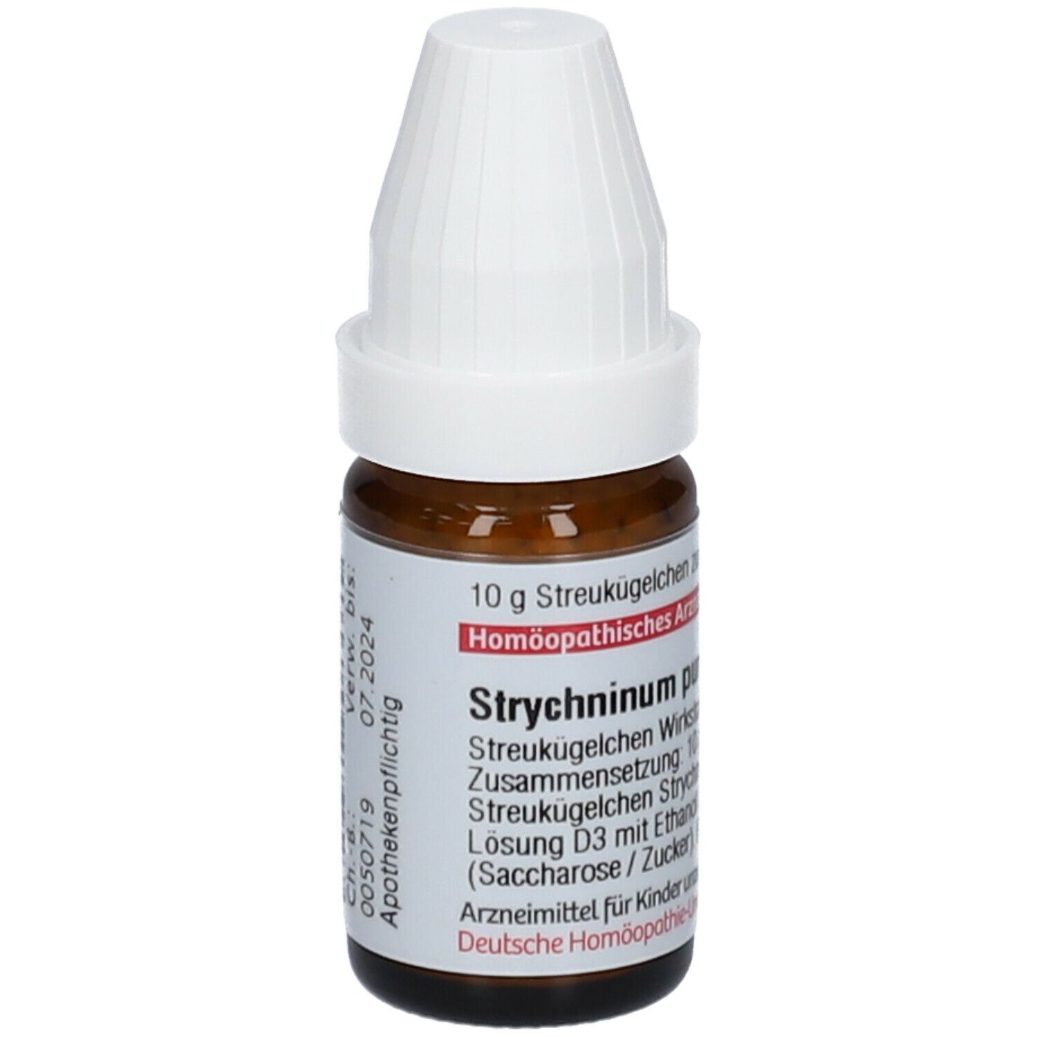 Braune Glasflasche mit weißem Deckel. Beschriftung: Strychninum purum, 10 g Streukügelchen. Apothekenpflichtig.