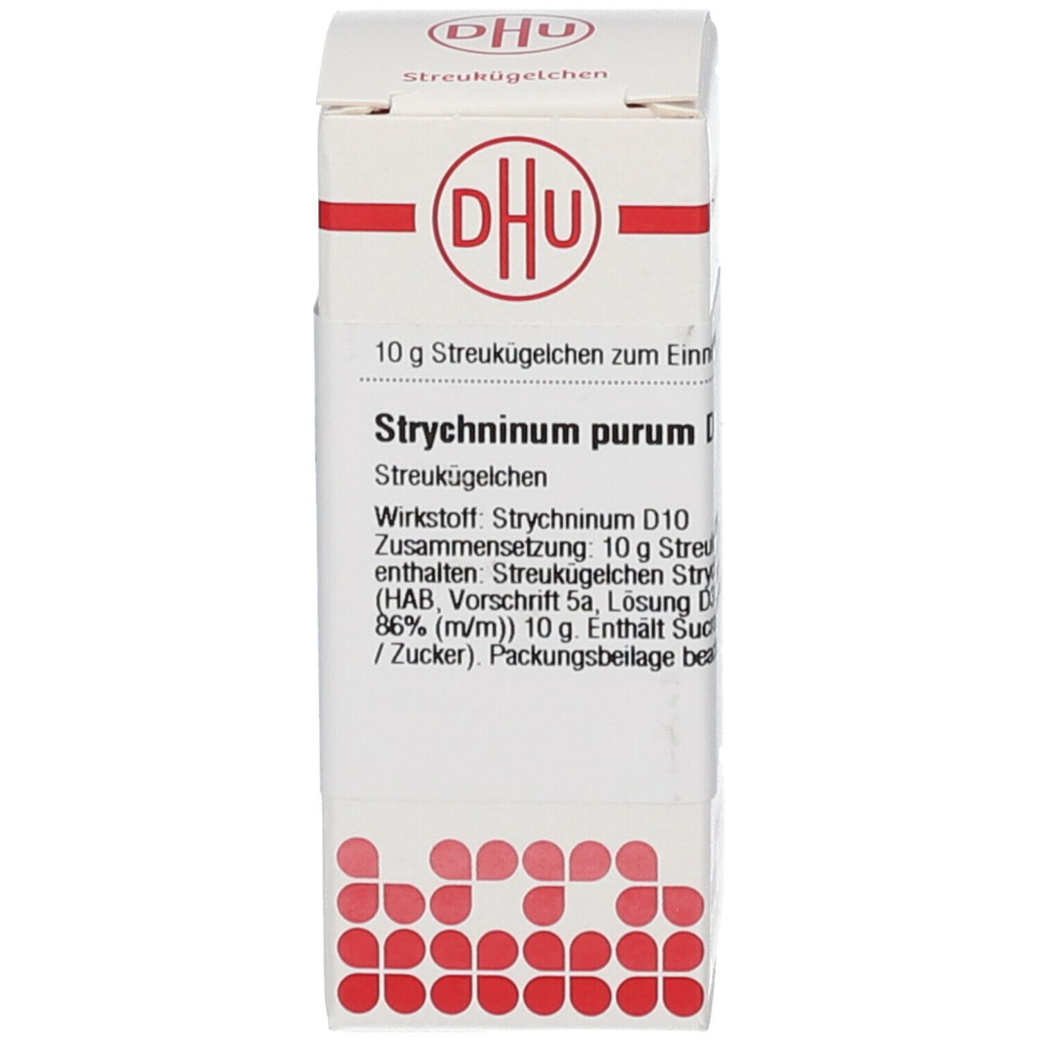 Weiße Faltschachtel mit rotem und weißem Design. Beschriftung: DHU, Strychninum purum. Enthält Streukügelchen.