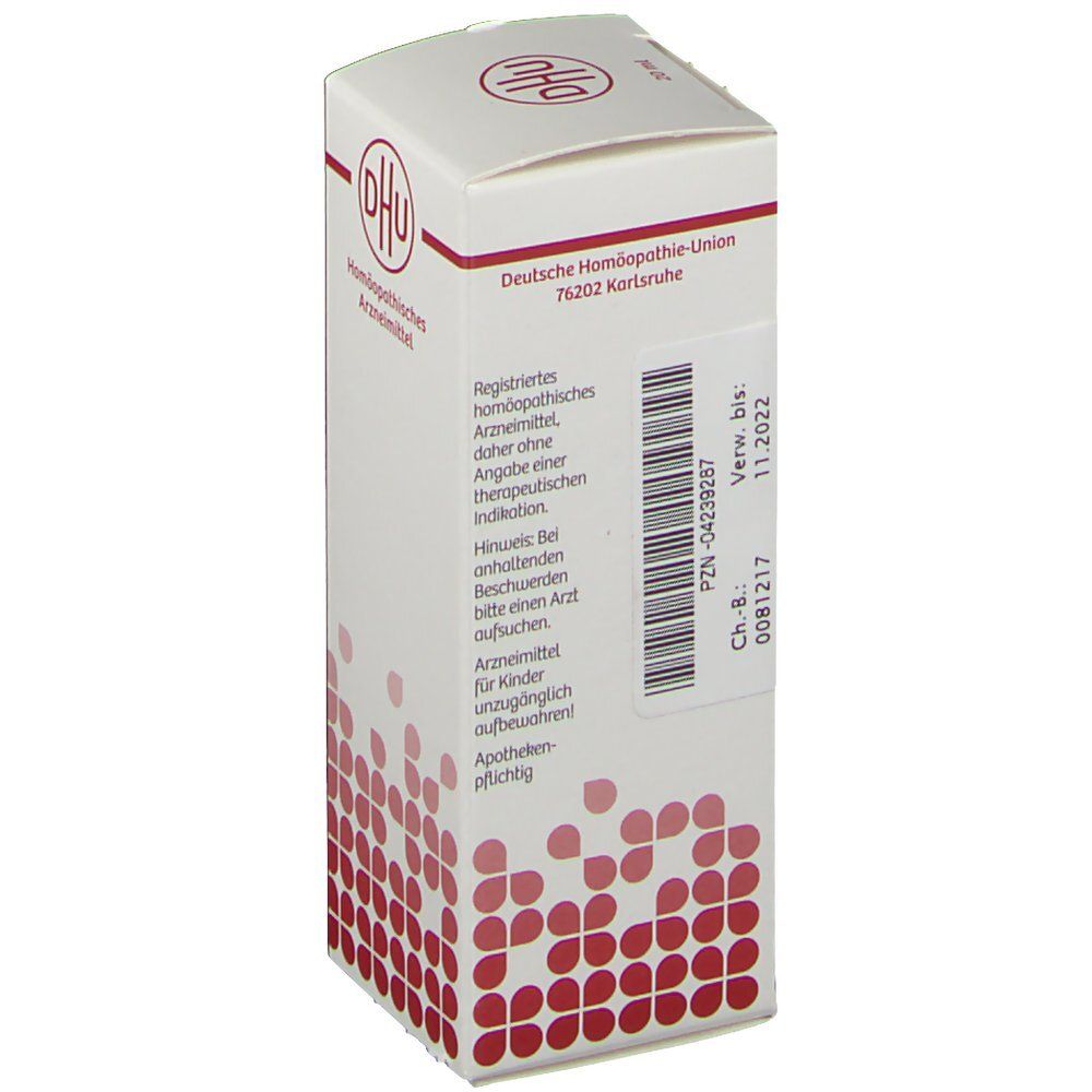 Weiße Faltschachtel mit rotem Muster und Barcode. Aufschrift: Deutsche Homöopathie-Union. Verwendbar bis 11.2022.