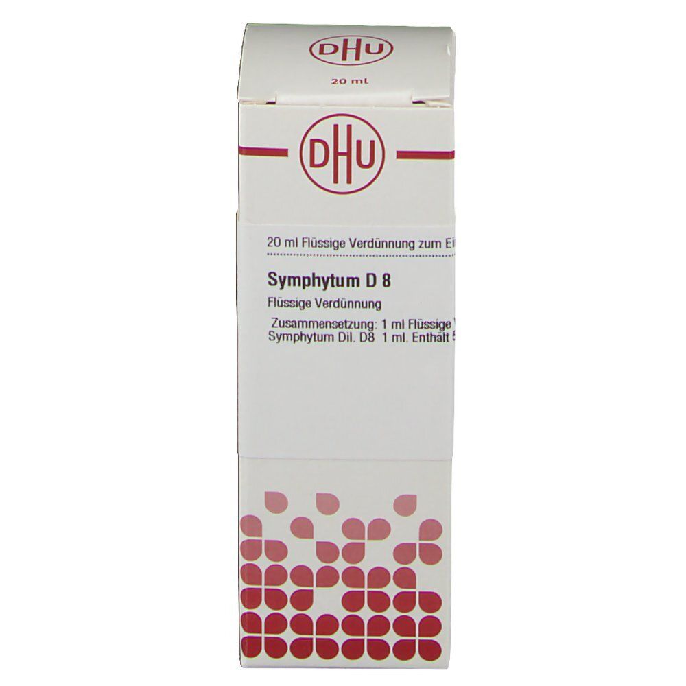 Weiße Faltschachtel mit rotem Muster und Aufschrift DHU Symphytum D8. 20 ml Flüssige Verdünnung.