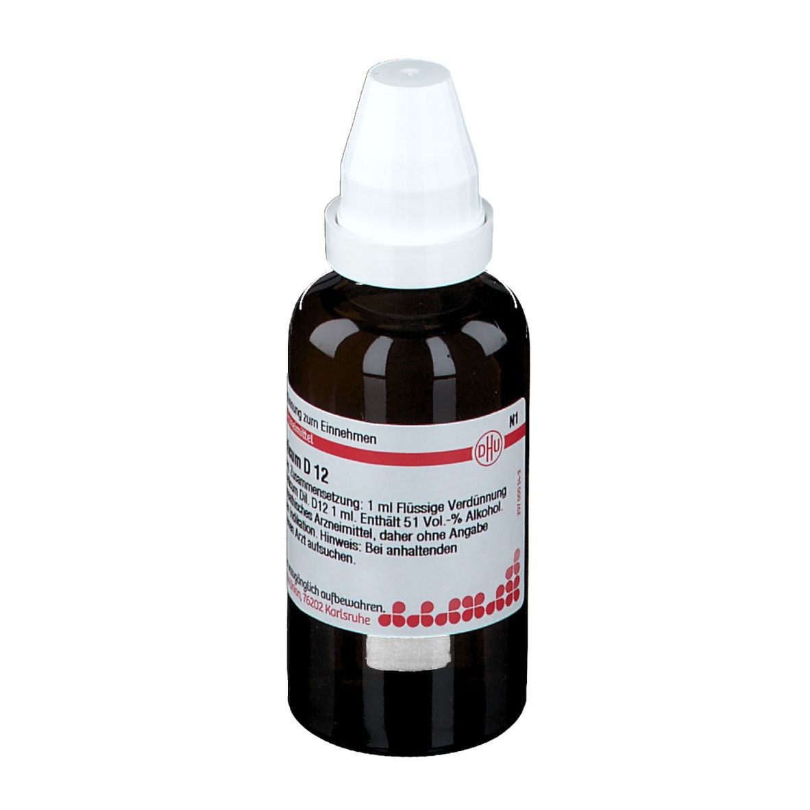 Braune Glasflasche mit weißem Schraubverschluss. Etikett mit Produktinformationen. DHU Thallium aceticum D12.