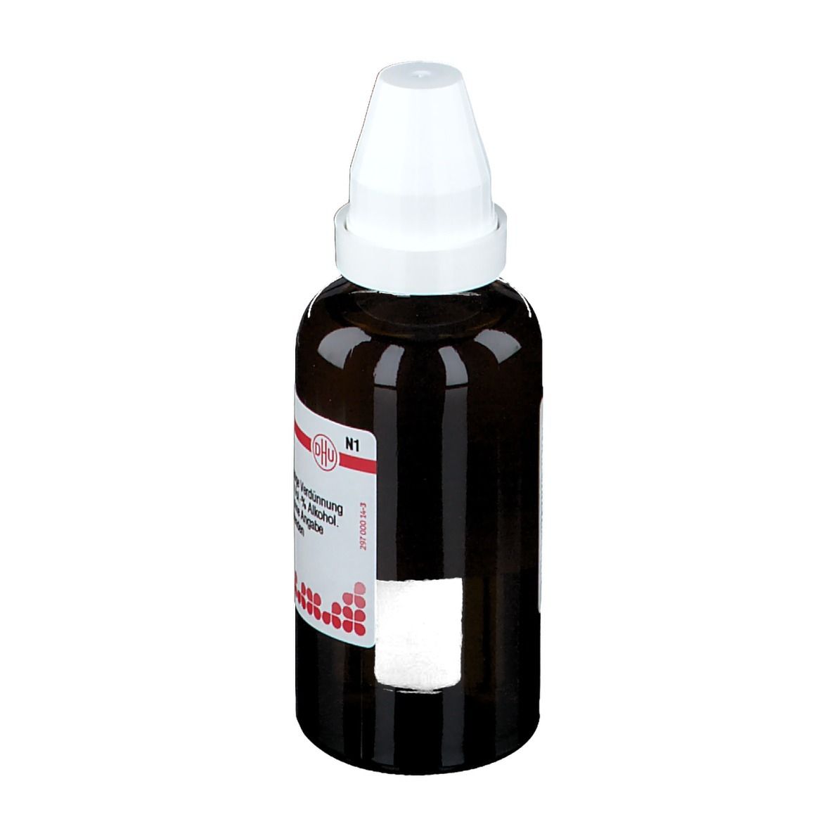 Braune Glasflasche mit weißem Schraubverschluss. Etikett mit Produktinformationen. DHU Thallium aceticum D12.