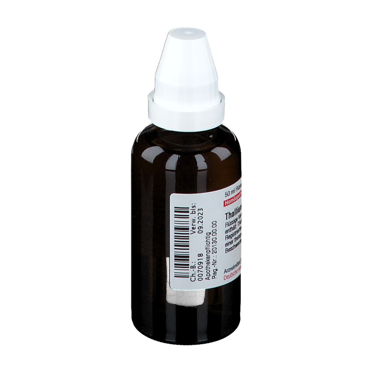 Braune Glasflasche mit weißem Schraubverschluss. Etikett mit Produktinformationen. DHU Thallium aceticum D12.