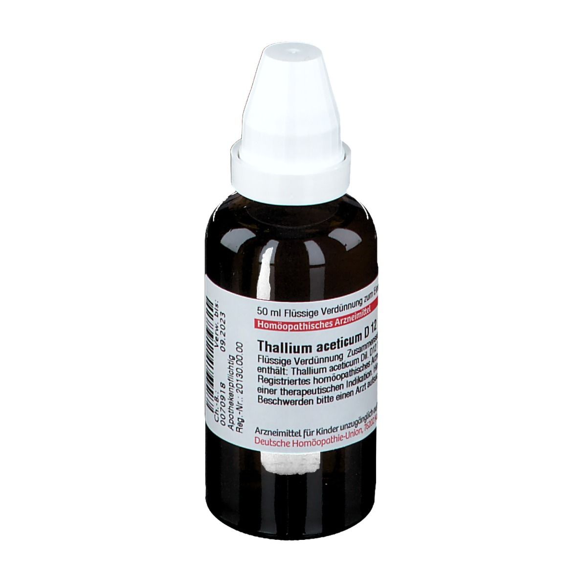 Braune Glasflasche mit weißem Schraubverschluss. Etikett mit Produktinformationen. DHU Thallium aceticum D12.