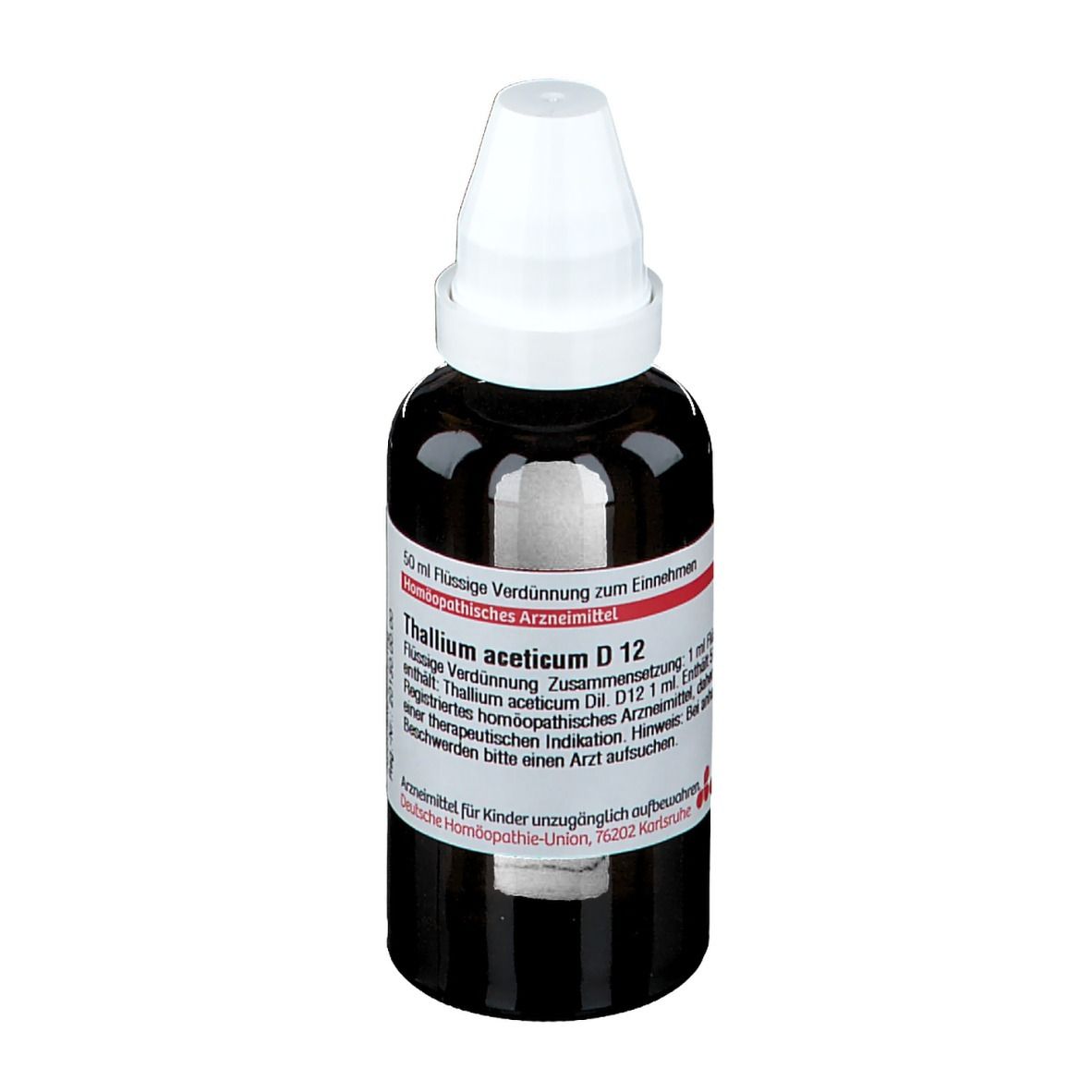 Braune Glasflasche mit weißem Schraubverschluss. Etikett mit Produktinformationen. DHU Thallium aceticum D12.