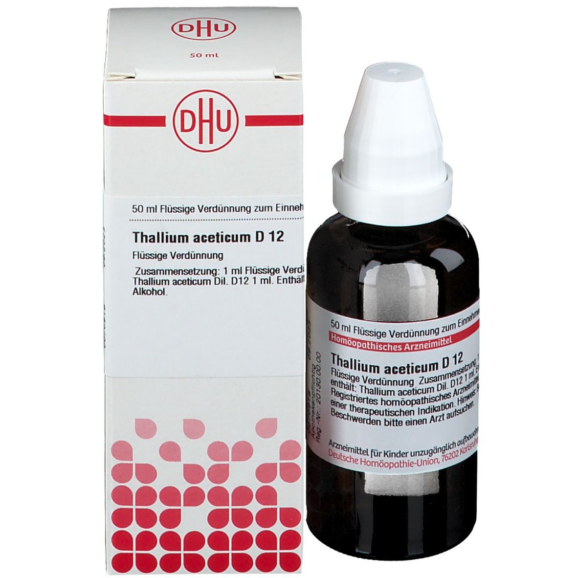 Braune Glasflasche mit weißem Schraubverschluss und Karton. DHU Thallium aceticum D12. Produkt und Verpackung.