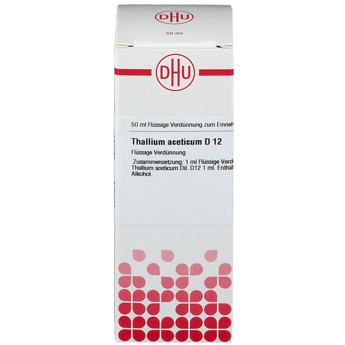 Kartonverpackung mit Produktinformationen. DHU Logo und Produktname: Thallium aceticum D12. Weiß und rot.