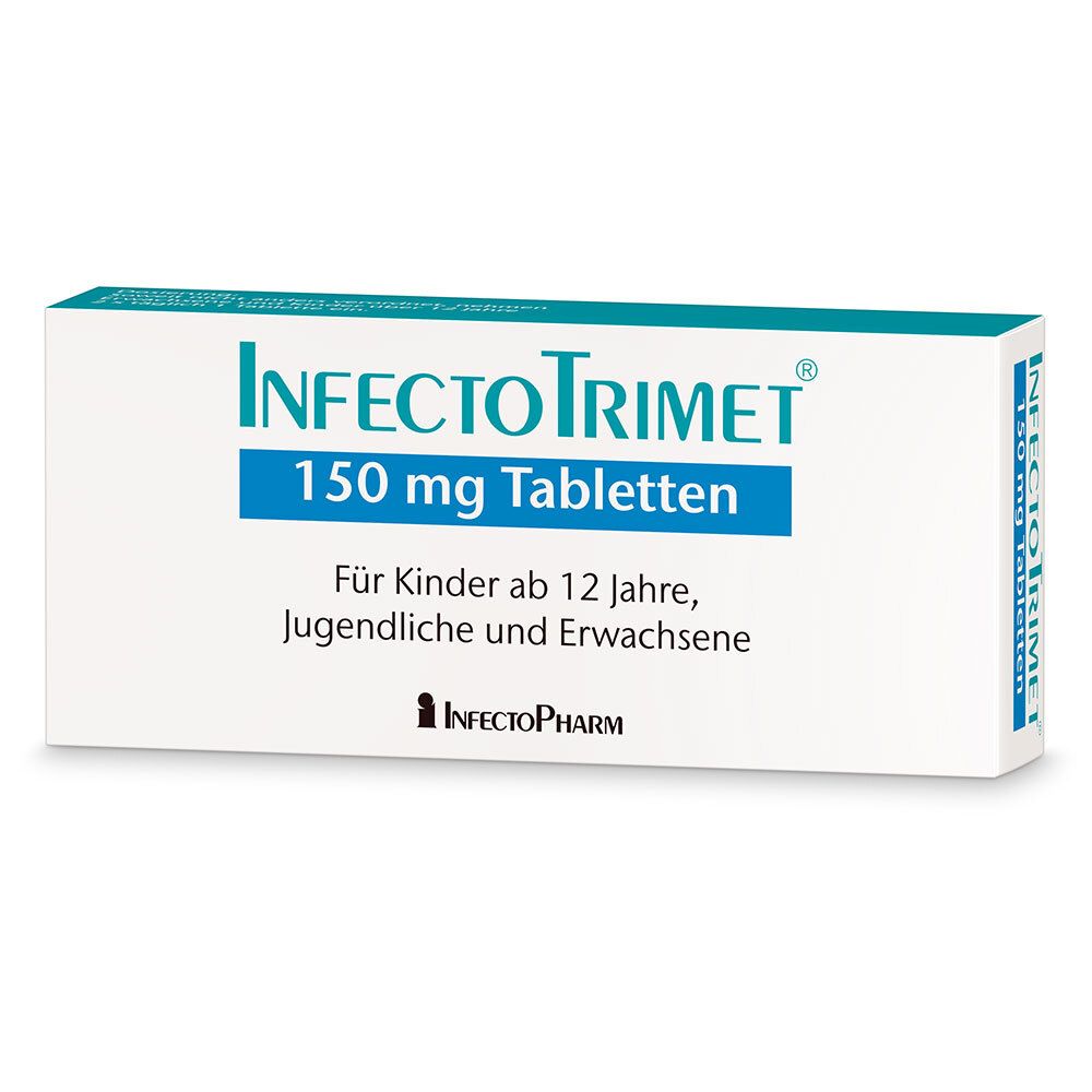 Schachtel mit "InfectoTrimet 150 mg Tabletten". Blaue und weiße Verpackung. Text: Für Kinder ab 12 Jahren, Jugendliche und Erwachsene.