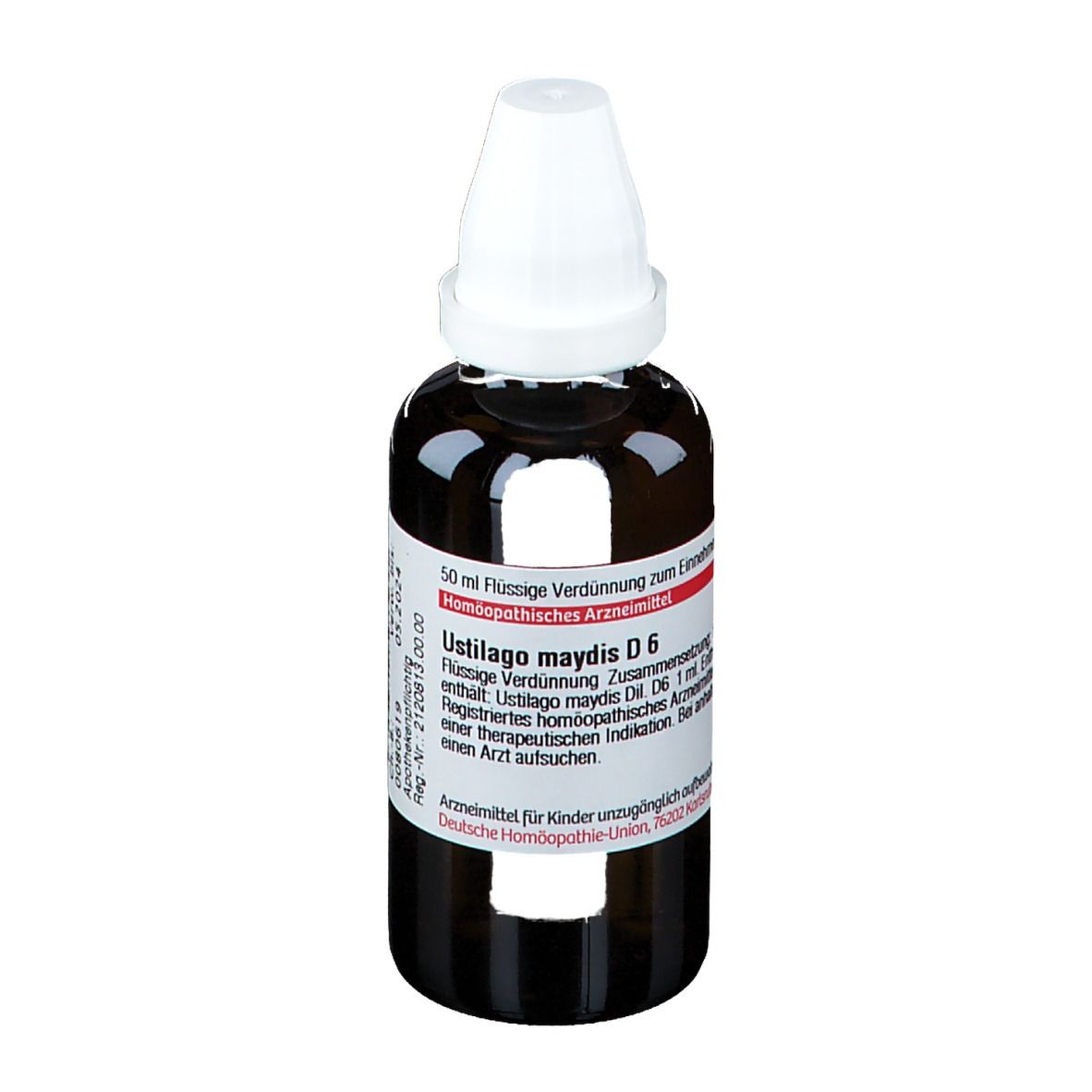 Braune Glasflasche mit weißem Verschluss. Etikett mit Produktinformationen: Ustilago maydis D6, DHU.
