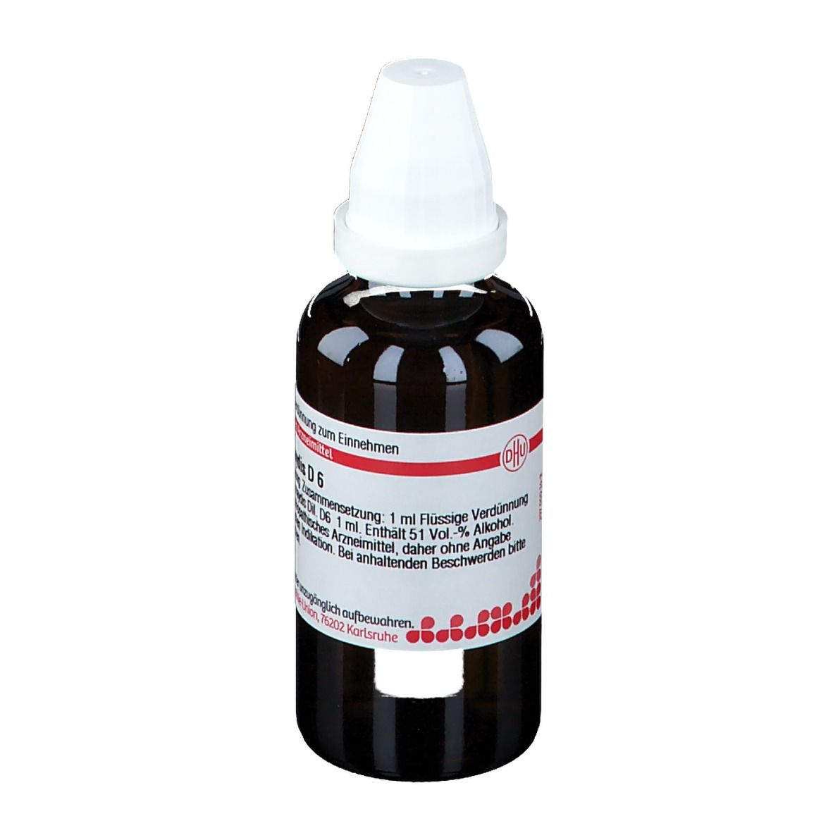 Braune Glasflasche mit weißem Verschluss. Etikett mit Produktinformationen: Ustilago maydis D6, DHU.