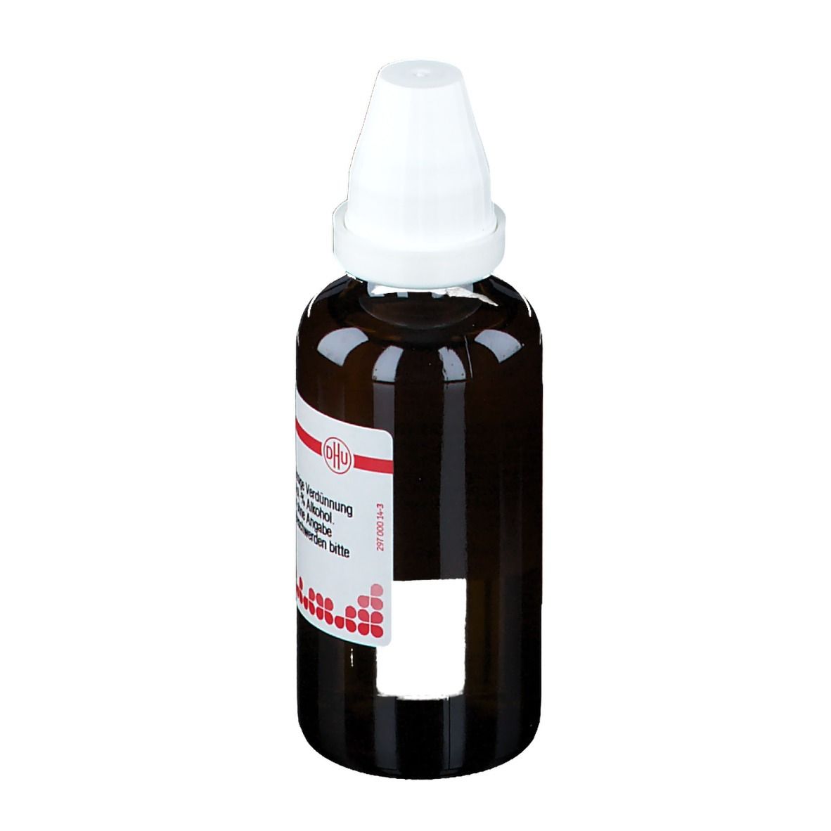 Braune Glasflasche mit weißem Verschluss. Etikett mit Produktinformationen, DHU.