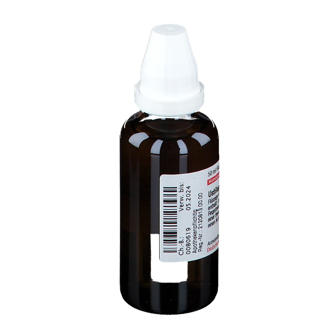 Braune Glasflasche mit weißem Verschluss. Etikett mit Produktinformationen und Verfallsdatum.