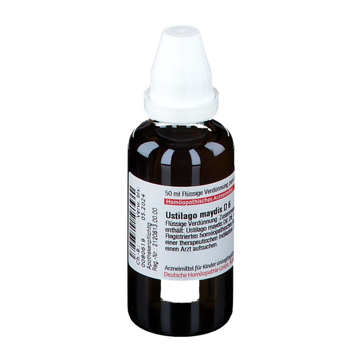 Braune Glasflasche mit weißem Verschluss. Etikett mit Produktinformationen: Ustilago maydis D6, DHU.