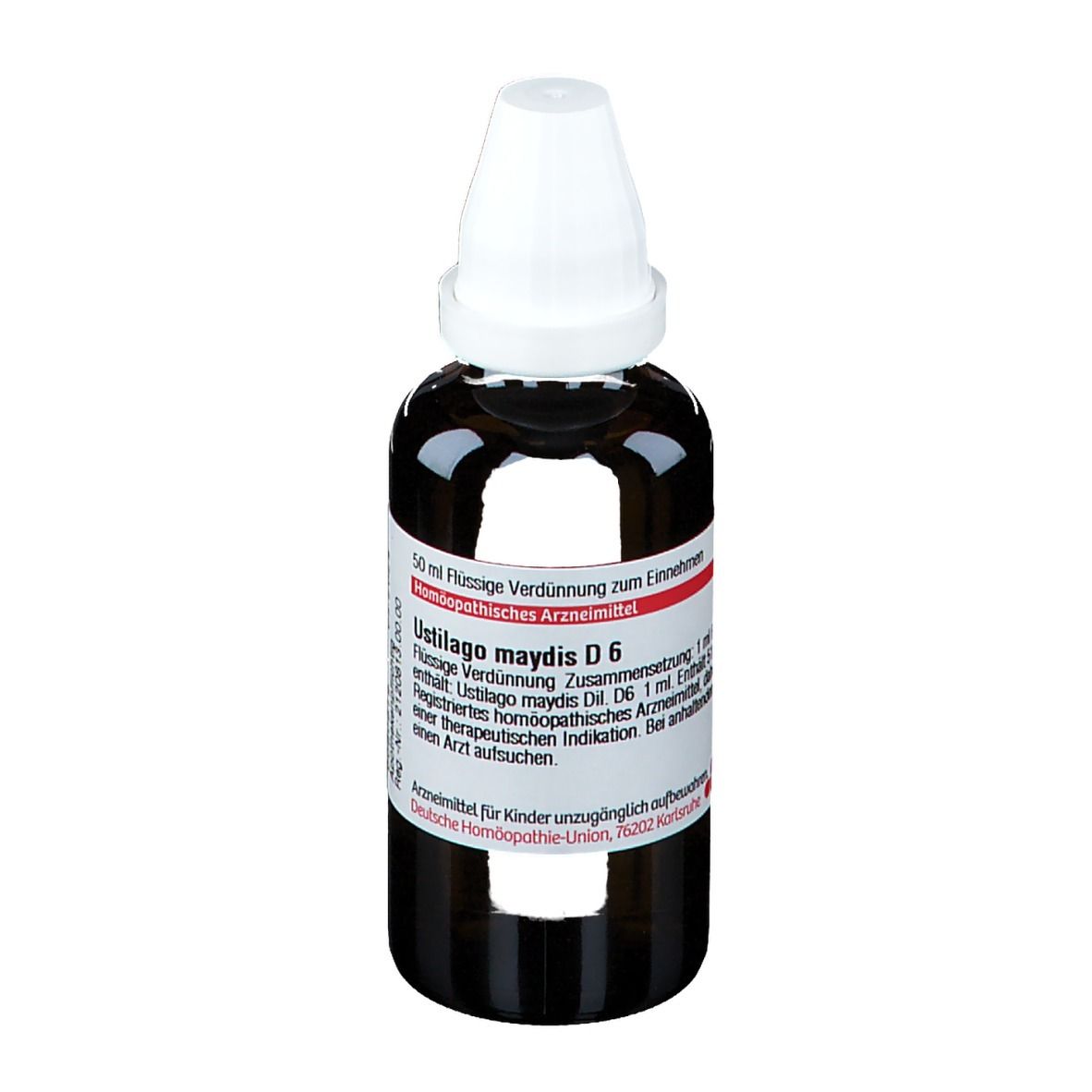 Braune Glasflasche mit weißem Verschluss. Etikett mit Produktinformationen: Ustilago maydis D6, DHU.